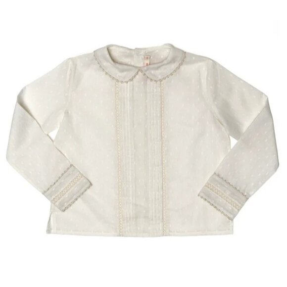 Early Sunday Kids Cream Polka Dot Long Sleeve Blouse W/ Scallop Peter Pan Collar - Picture 1 of 5